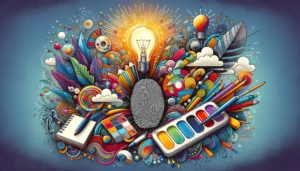 Singularidad en Branding Ilustración colorida para cabecera de blog que muestra innovación, unicidad y creatividad en branding con símbolos de bombilla, huella dactilar y paleta de colores.