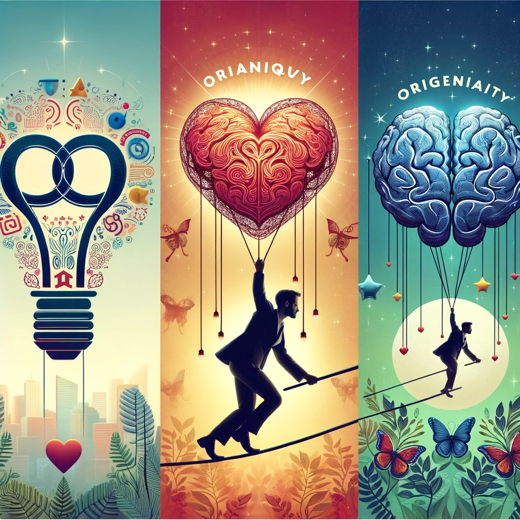 Singularidad en Branding Ilustraciones que capturan la singularidad, la conexión emocional y el equilibrio entre innovación y autenticidad en el branding.
