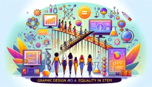 Imagen representando el diseño gráfico como un puente hacia la igualdad en STEM, con elementos digitales formando un puente hacia símbolos de STEM, y figuras femeninas diversas avanzando hacia él. El diseño vibrante y acogedor simboliza STEM como un campo accesible y acogedor para mujeres y niñas, promoviendo un futuro más inclusivo y equitativo en ciencia y tecnología.