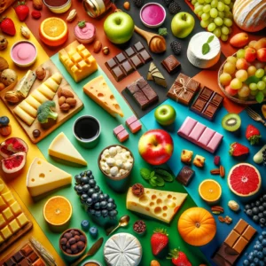 Variedad de productos gourmet con colores vibrantes destacando el impacto emocional Influencia del color en el branding gourmet.